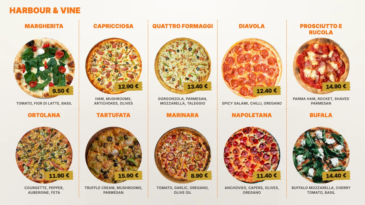 Menu board design — A printed chart, like a pizzeria's