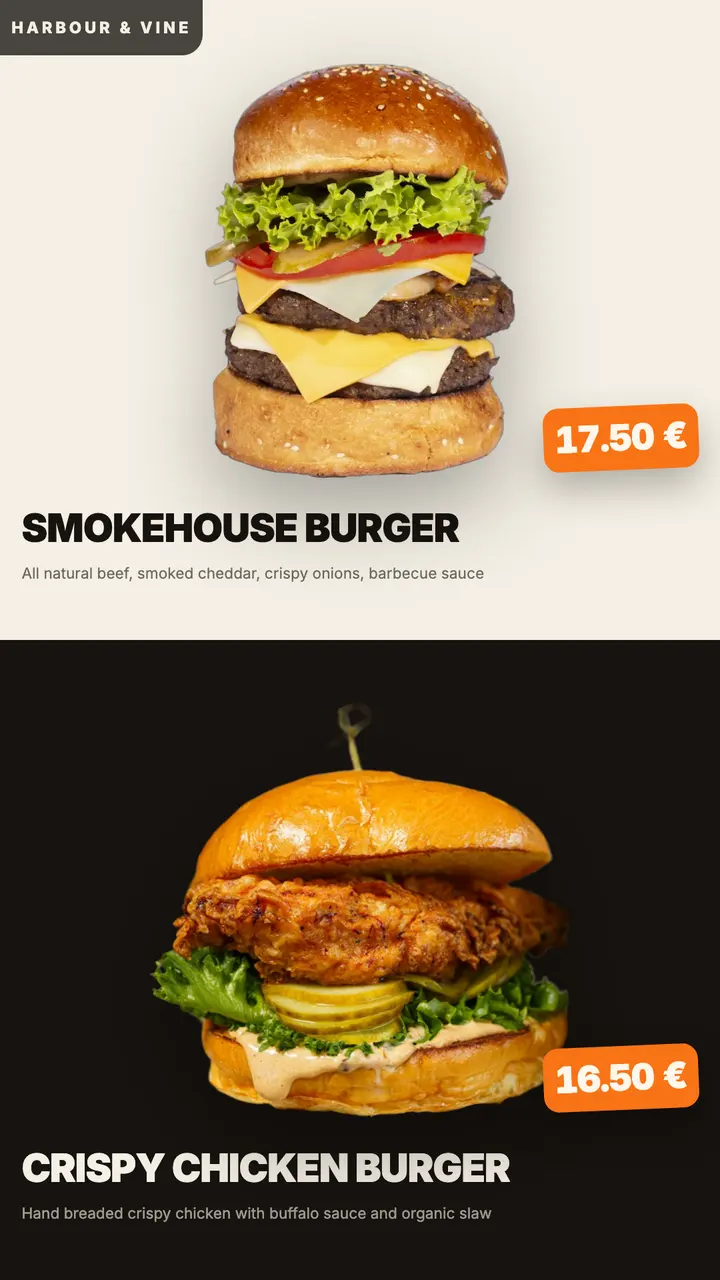 Menu board design — Two dishes a page, at poster scale