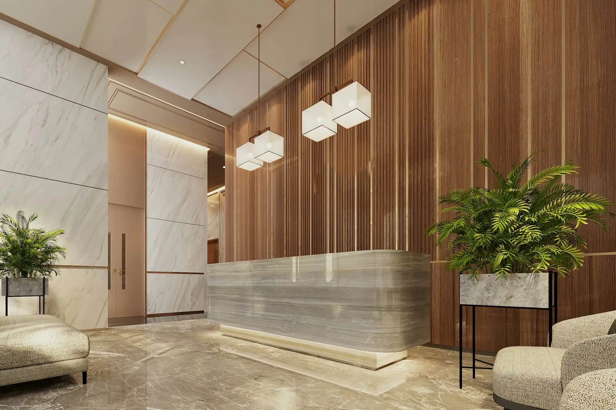 A bank branch with a stone reception desk in front of a wooden slatted wall