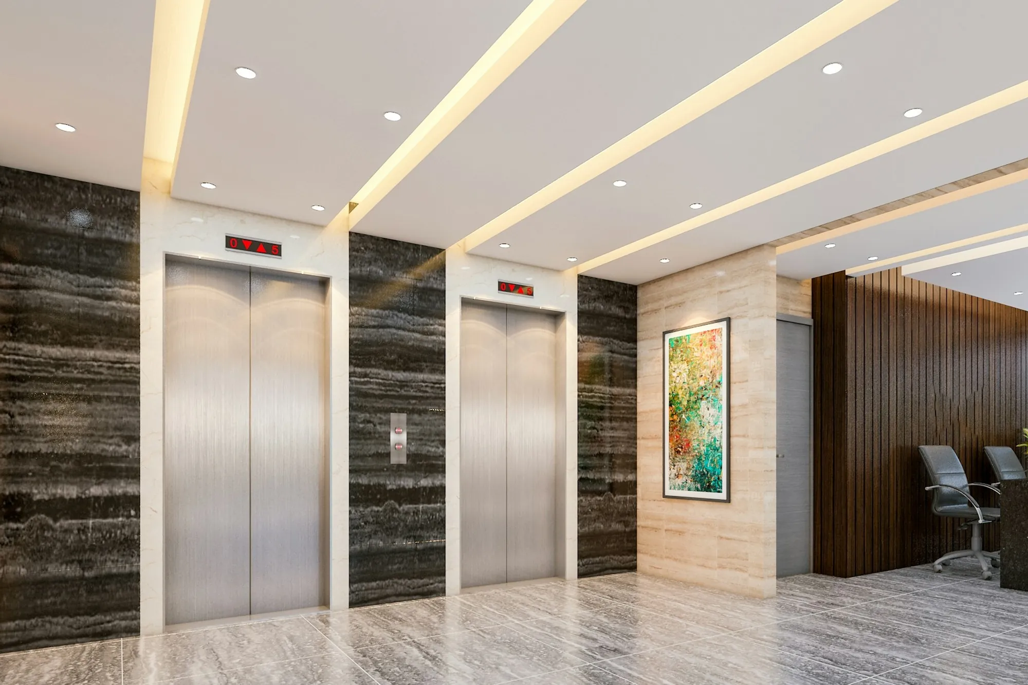 An office lift lobby with dark marble walls and a painting on a stone pillar